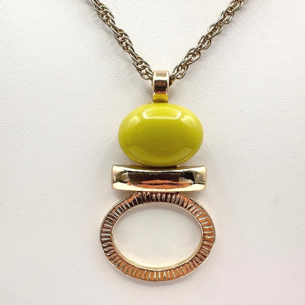 Vintage Statement Pendant Necklace with Yellow Bead & Gold Tone Chain Jewelry